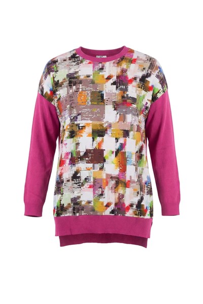 Tığ Triko Kadın Sıfır Yaka Şifon Detaylı Tunik - Fuşya