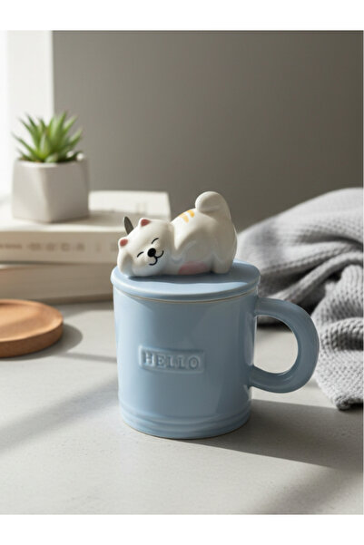 Bam Cute Kitten Figured Ceramic Mug with Spoon and Lid 350 ml