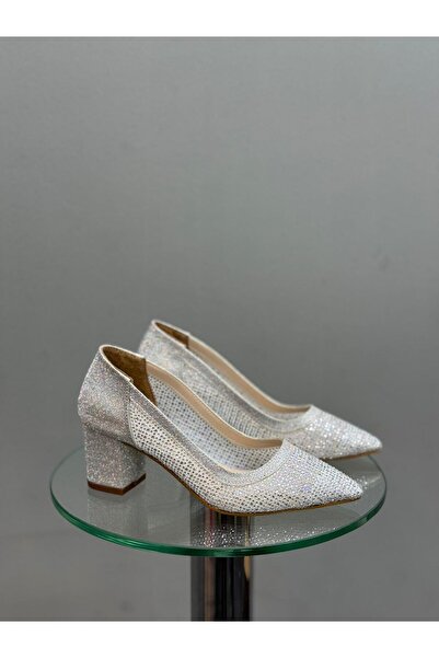 DİVA Γυναικεία βραδινά παπούτσια με τακούνι σε ασημί γκλίτερ πέτρα