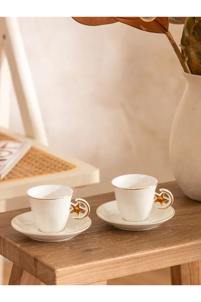 LC Waikiki Lcw Home Ecru Star Patterned Porcelain Coffee Cup Set for 2 People...