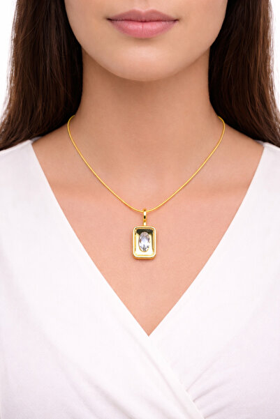 femline قلادة نسائية مستطيلة الشكل من الحجر اللامع باللون الذهبي
