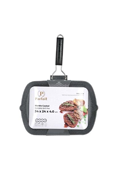 Parfait مقلاة شواء قابلة للطي غير لاصقة مطلية بالرخام، لون رمادي داكن وأسود