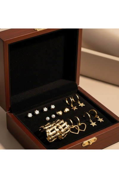 stainless steell gold renk 12 adet (6 çift) paslanmaz çelik küpe set 9