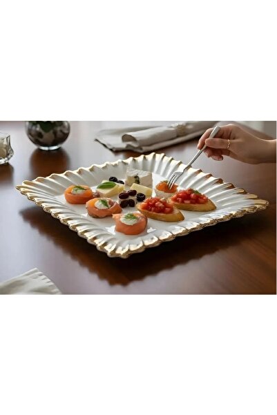 MD MİMOZA DEKOR Line Gold Square Presentation Plate / Tableware / Serving -27...