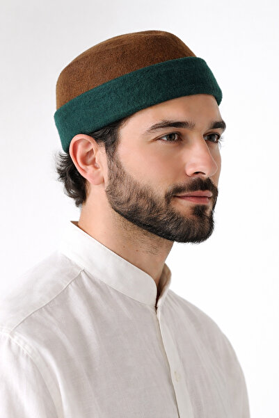 FEZKON طاقية من الصوف الخيشومي باللون البني والأخضر