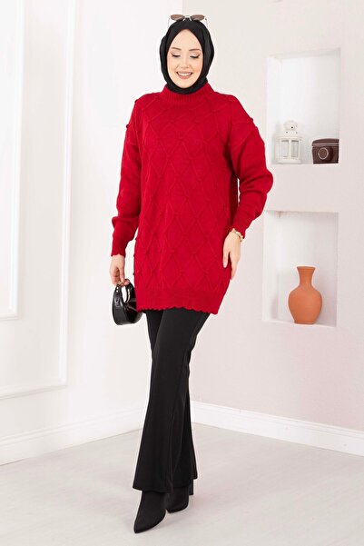 EBRUTESETTÜR Baklava Pattern Pompom Detailed Knitwear Sweater Red