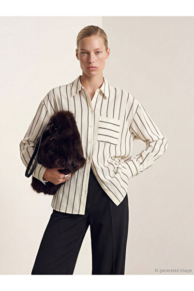 LC Waikiki Crna Prugasto Poplin ženska košulja