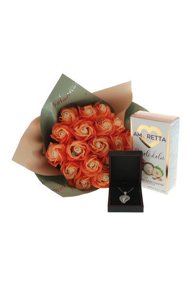 GiftExpress Set cadou Femei cu Bijuterie Argint 925 Inimă, buchet 19 Trandafi...