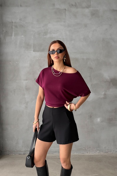 MODAMERSİ Women's Burgundy Boat Neck Short Sleeve Blouse