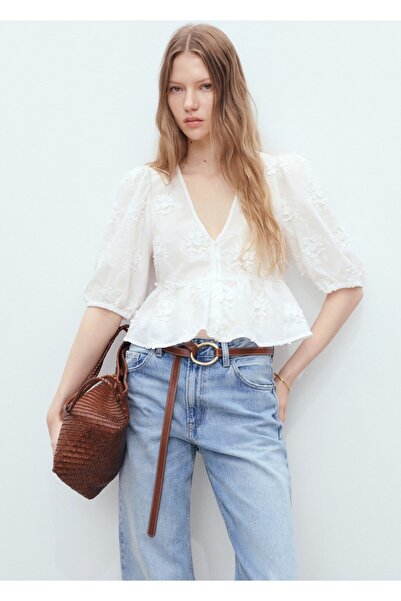 MANGO Woman Çiçek işlemeli pamuklu bluz