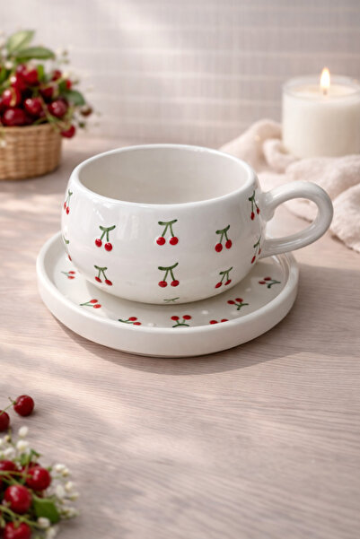 RGS HOMELİFE Seramik El Yapımı Kiraz Desen Tabaklı Kupa, Türk Kahvesi, Çay ba...