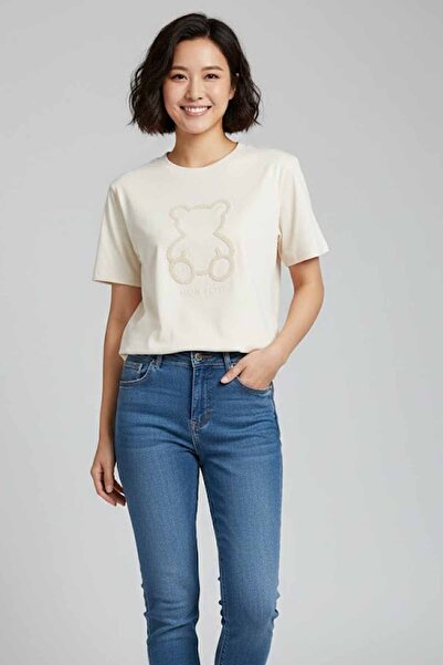 rekor sports Women's Oversize 100% Cotton Crew Neck Teddy Bear Embroidered T-...