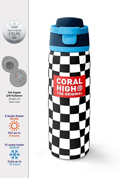 Coral High Black and White Checkered Patterned Steel Thermos with Straw and D...
