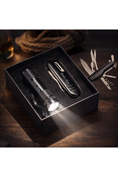 Bk Gift Kişiye Özel İsimli Siyah Çakı Led El Feneri Seti, Kamp Hediyesi