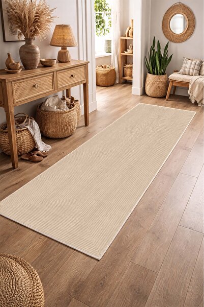 CENTER AVM Krem Halı Yolluk Makinede Yıkanabilir Halı Kaymaz Taban Halı