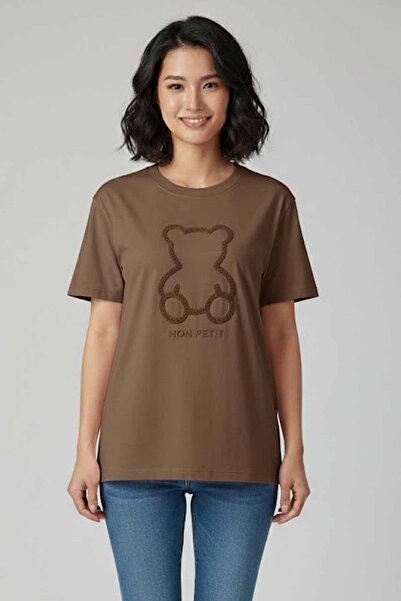 rekor sports Women's Oversize 100% Cotton Crew Neck Teddy Bear Embroidered T-...