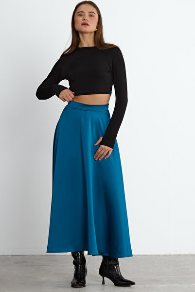 LADYA COLLECTION Mavi Volanlı Mirel Saten Uzun Etek