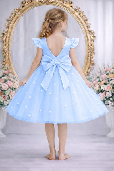 SUNEH Girl's Baby Blue Ruffle Sleeve Satin Dress with Pearls Graduation Birthday Evening Dress