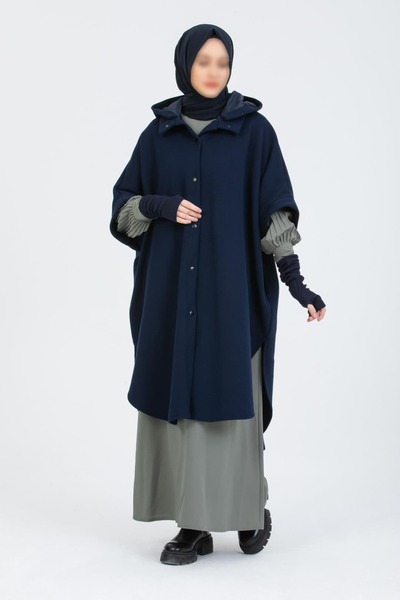 ZESA TASARIM Hakim Yakalı Lacivert Kışlık Kaşe Panço 100 cm