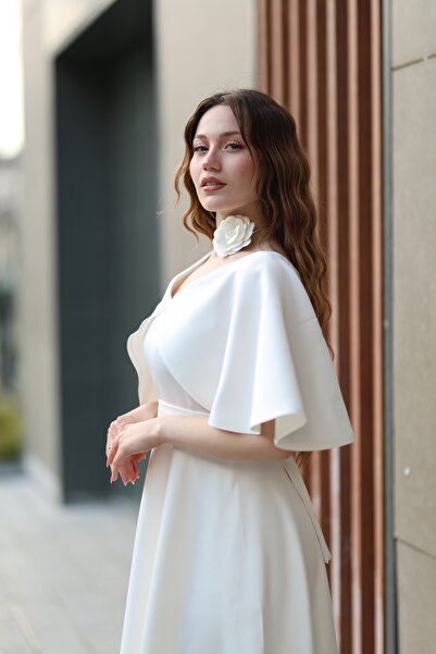 SEVGİHELLAÇ VERA Kadın Pelerinli Ekru Midi Boy Kloş Abiye Elbise