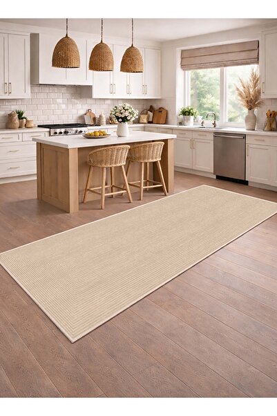 CENTER AVM Krem Halı Mutfak Halısı Makinede Yıkanabilir Halı Kaymaz Taban Halı