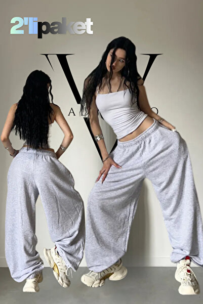 vladivosto 2-Pack Hijab Pants Extra Loose Super High Waist Gray Black Baggy O...