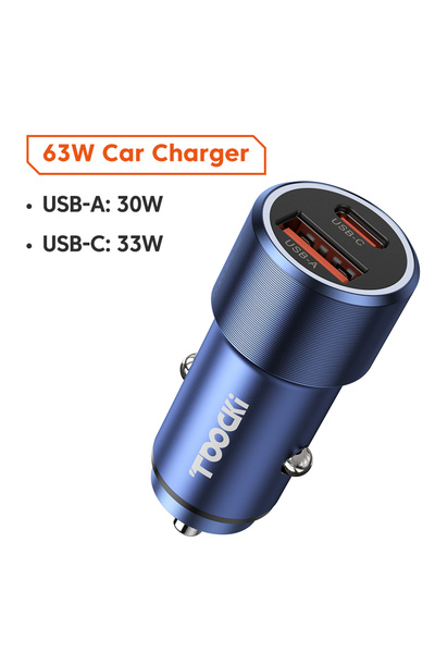 Toocki شاحن سيارة أزرق بقوة 63 واط لـ 14 13 LED مع تقنية PD وQC 3.0 وPPS للشح...