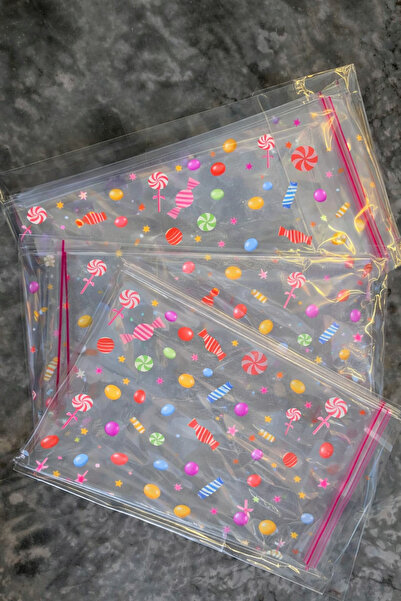 Dekals 13x23 Şeker Desenli Gıdaya Uygun Bantlı OPP Şeffaf Hediye Poşeti Hurma...