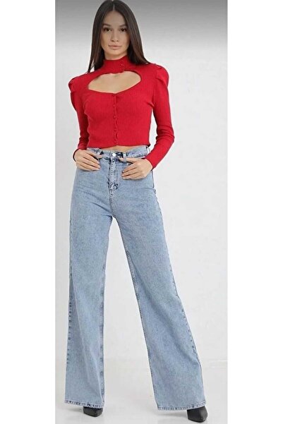 JAXEN A11492161 Women's Blue Snow Wash High Waist Palazzo Pants Jeans Wide Le...