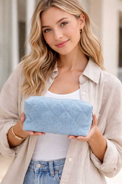 eva clothing Quilted Patterned Blue Makeup Bag
