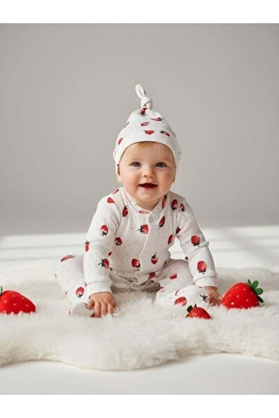 Zekids Baby Girl Hat and Cotton Strawberry Patterned Booties Jumpsuit