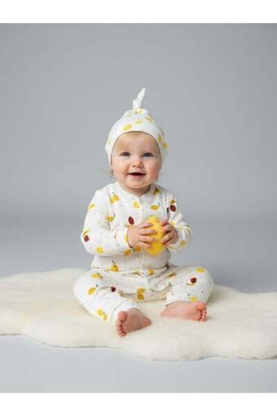 Zekids Baby Girl Cotton Lemon Patterned Jumpsuit with Hat and Without Booties