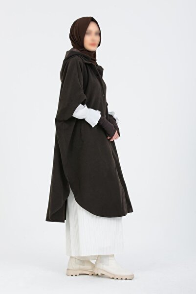 ZESA TASARIM Hakim Yakalı Acı Kahve Kışlık Kaşe Panço 110 cm