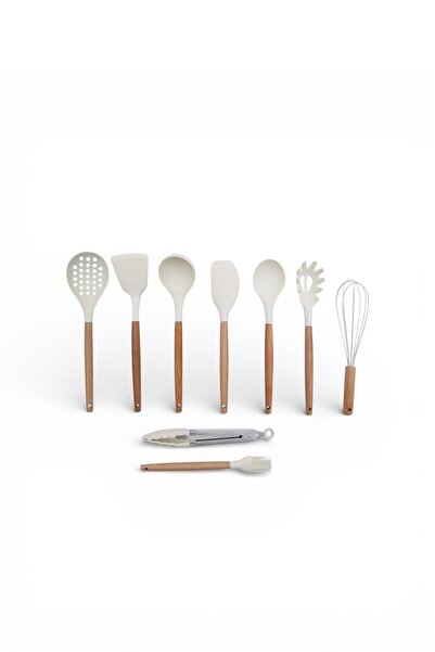 Qerhome 9-Piece Bamboo Handle Silicone Kitchen Set Cream
