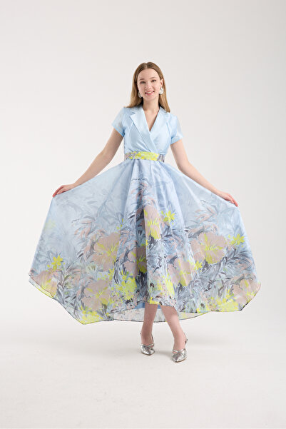 Stylish Stylish satin floral dress, elegant and beautiful in sky blue