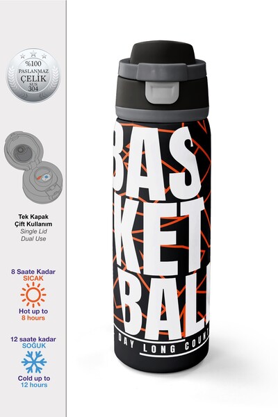 Coral High Black Basketball Patterned Steel Thermos with Straw and Direct Dri...