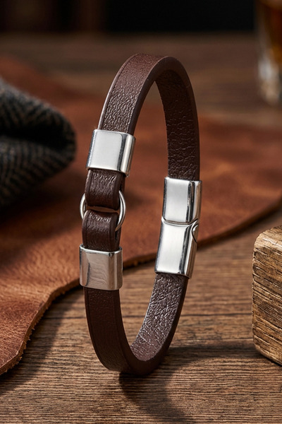 OSMANLI GÜMÜŞ Men's Leather Bracelet Snowy Obsidian Rondela Natural Stone Lea...