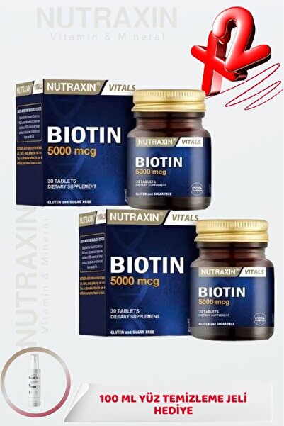 Nutraxin Biotin 5000 Mcg Food Supplement 30 Tablets (X2) + 100 ml Facial Clea...