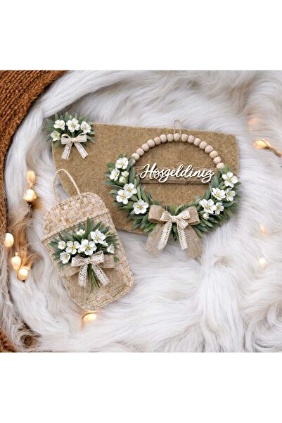 ecrella 3’lü Kapı Önü Paspas Dekor Seti – Hoşgeldiniz Yazılı Çelenk, Hasır Se...