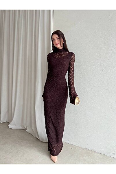 İZYA Lace Long Evening Dress - High Neck, Long Sleeves, Slim Fit
