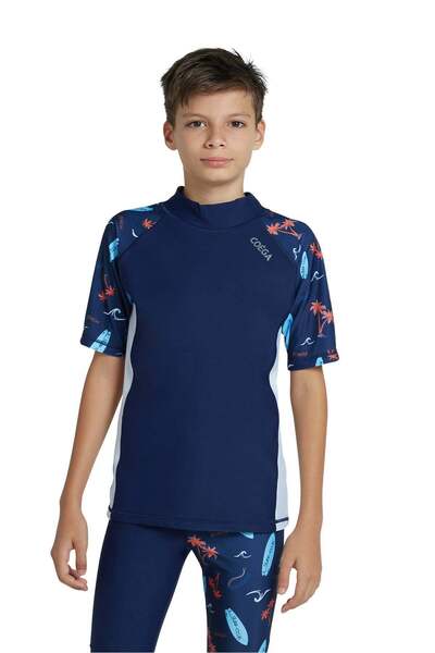 Coega Boys Youth Rashguard Short Sleeve - Navy Peach Palms