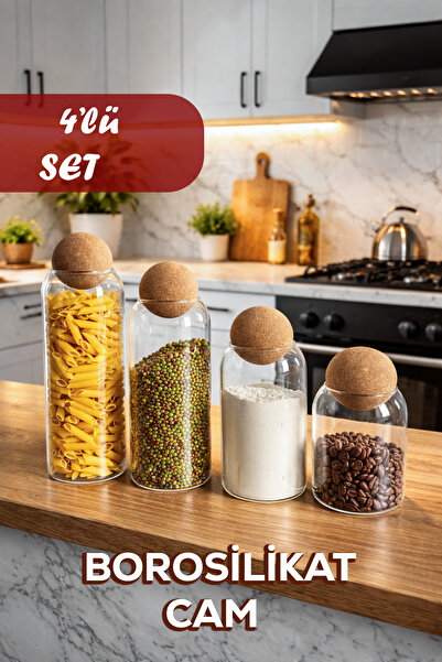 Porsima Set of 4 Borosilicate Glass Jars with Wooden Cork Lids, Sugar Bowl, C...