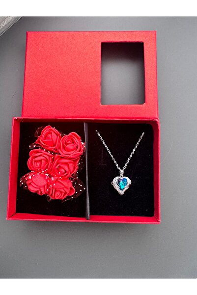 shop GÜLLÜ KUTUDA MAVİ OKYANUS KALBİ KOLYE ÇELİK