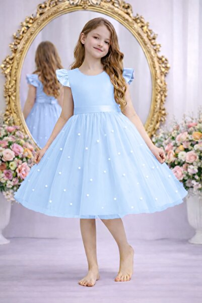 SUNEH Κοριτσίστικο Βρεφικό Μπλε Φόρεμα με Βολάν και Πέρλες, Σατέν Φόρεμα για ...