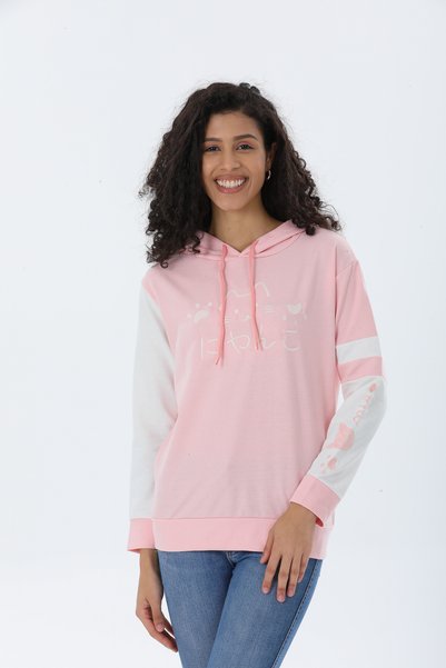 FUDS UNİON Powder Pink Hooded Cat Printed Women's Sweatshirt