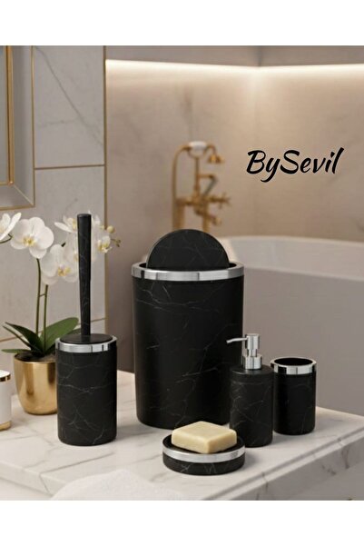 BySevil Acrylic Round 5 Piece Marble Granite Pattern Bathroom Set - Anthracit...
