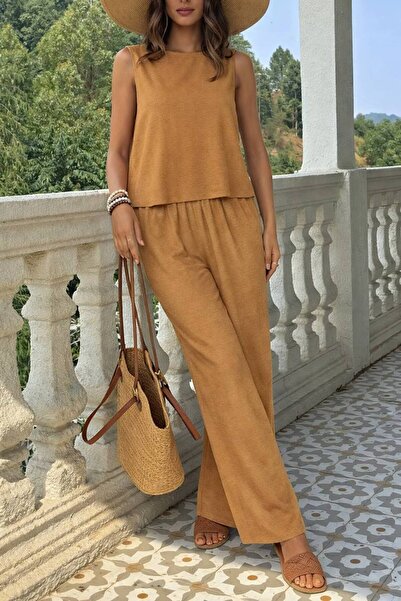 ÇEÇİM بلوزة نسائية بدون أكمام وبنطلون واسع الساق طقم أيروبين ZYN-58877