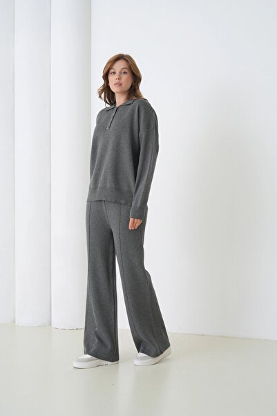 Park Karon Women's Black Polo Neck Sweater Pants Knitwear Top and Bottom Set