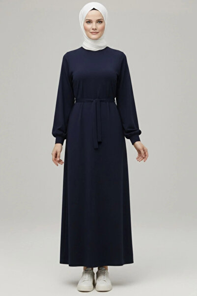 bysoca Women's Navy Blue Crew Neck Balloon Sleeve Belted Draped Modal Long Hi...