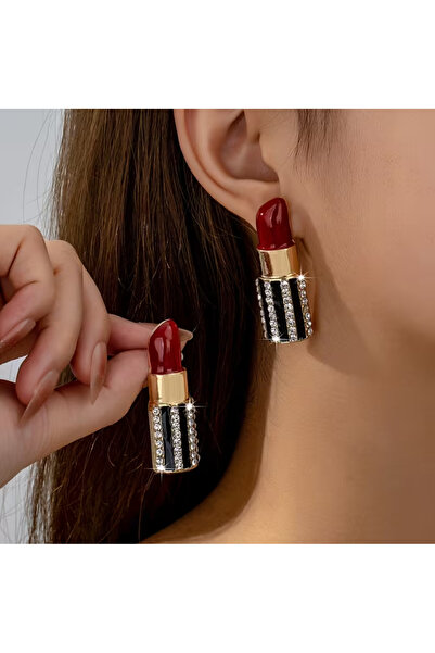set.up Red Lipstick Model Earrings with Zircon Stone Details